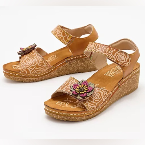 L'artiste Shoes - L’Artiste Spring Step Floral Tan Leather Wedges